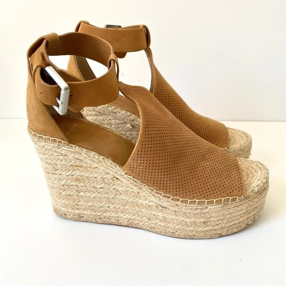 Marc Fisher Annie Perforated Wedge Platform Espadrille Cognac Brown size 9.5